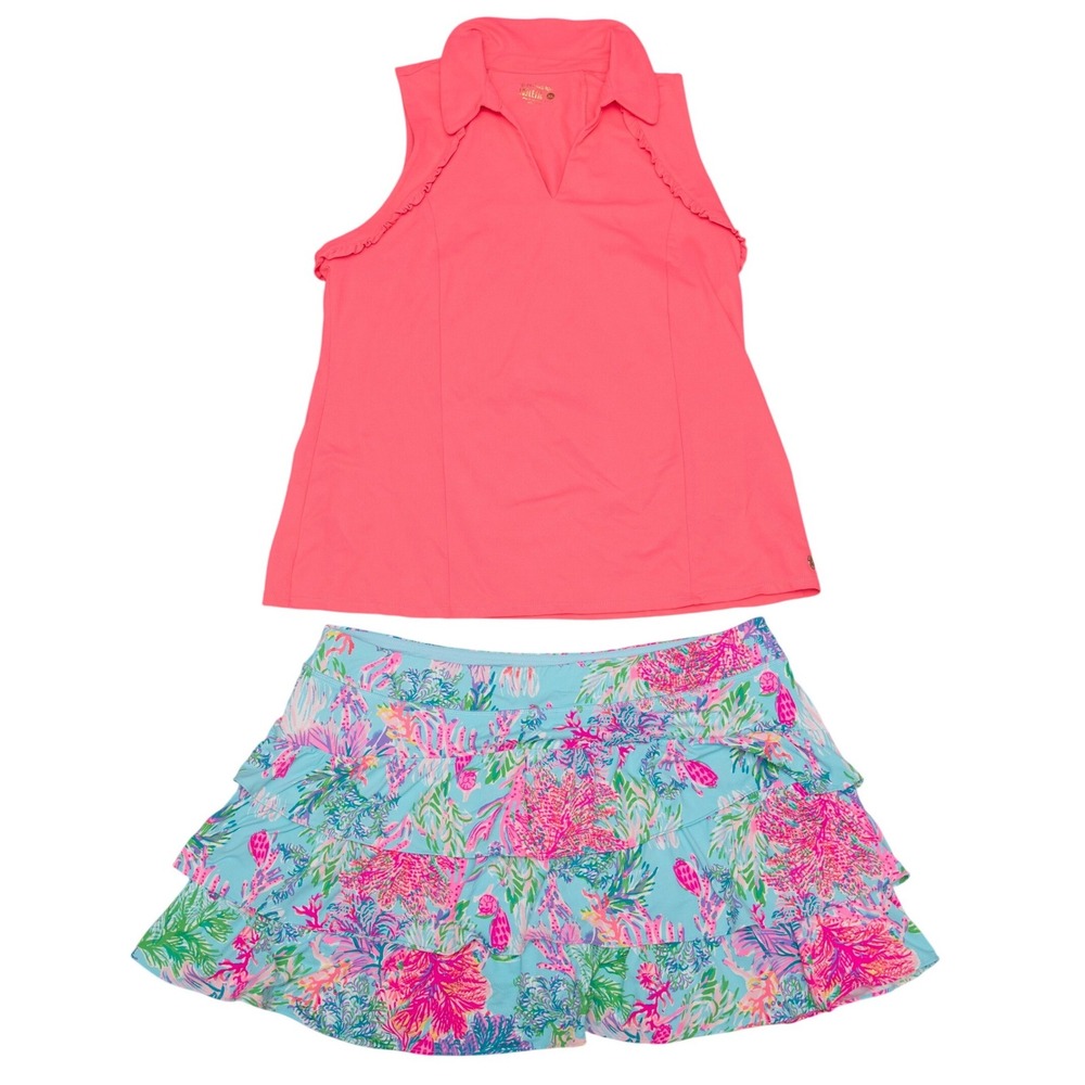 Lilly Pulitzer Luxletic XL Set Pink Ruffle Polo & Tiered Ruffle Skort Athleisure